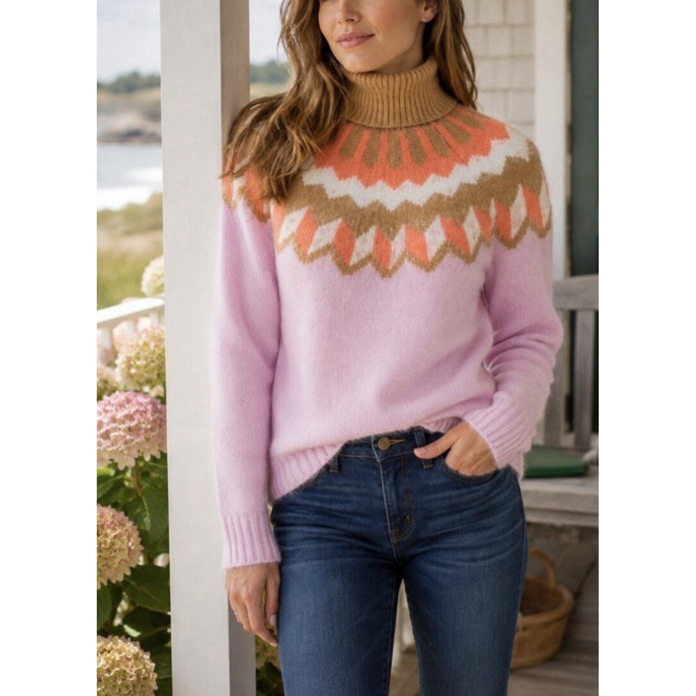 J.Crew Fair Isle Turtleneck Sweater M Pink Soft Alpaca Wool Winter Ski Coquette